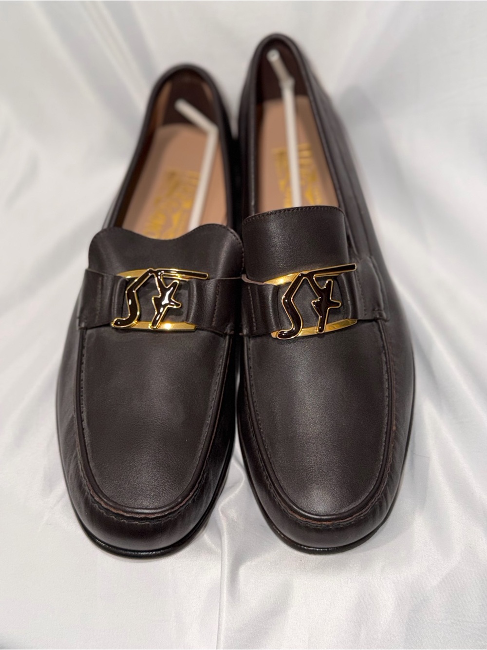 Salvatore Ferragamo Brown Leather Loafers with Gold Logo Hardware